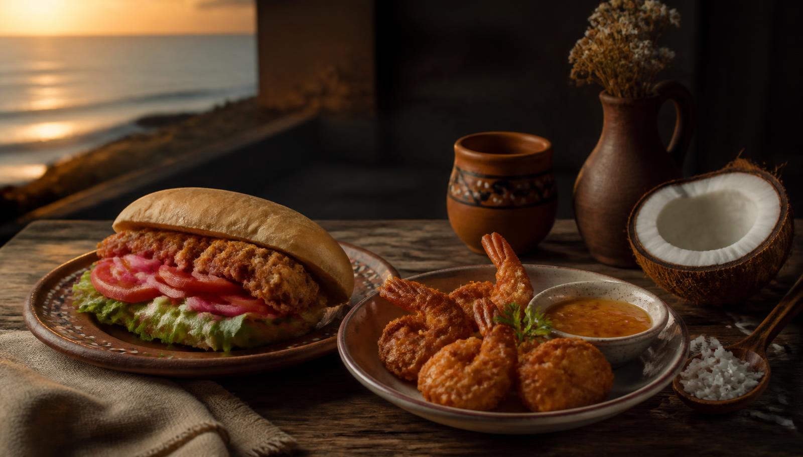 Pan de cazón y camarones al coco servidos frente al mar en Campeche